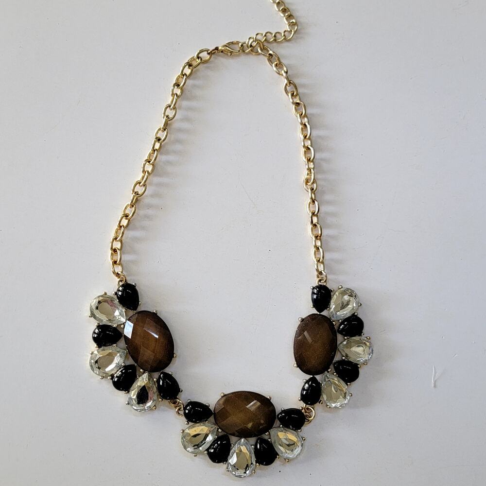 Vintage Gold Tone Necklace with Black Teardrop Accents and Faceted Brown Stones